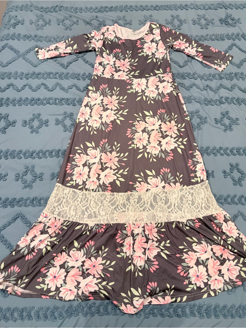 Girls Pink Floral Maxi Dress with Lace Accent - Gray Background